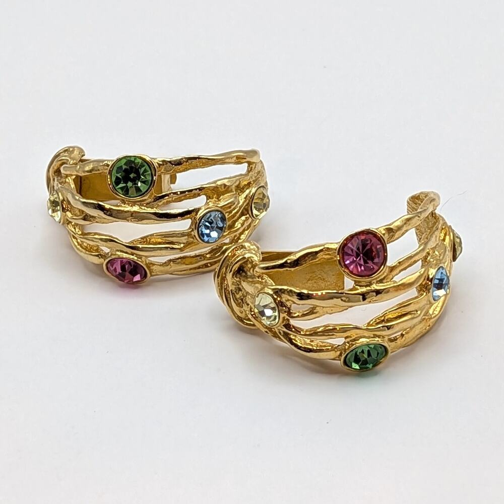 VTG Les Bernard Gold Tone MultiColor Rhinestone Clip On Chunky Crescent Earrings